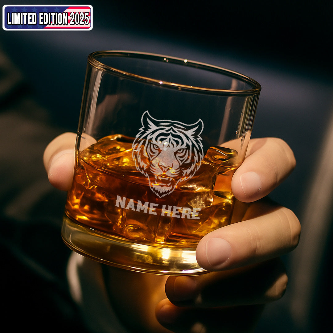 Personalized Tiger Engraved Whiskey Glass – Custom Name Rocks Glass Gift for Bold Drinking Lovers & Hunters