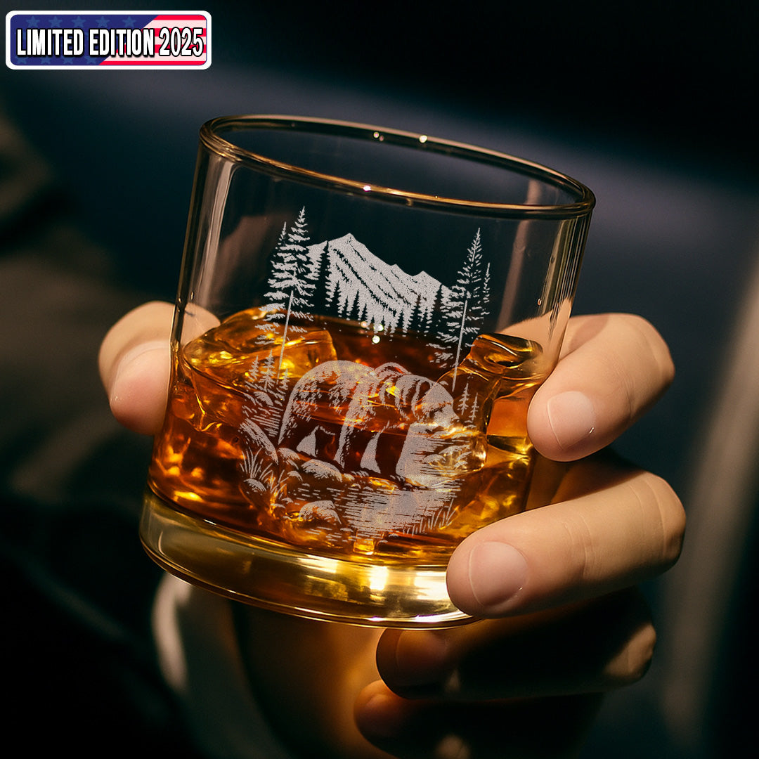 Bear Forest Engraved Whiskey Glass, Rustic Barware Gift for Hunters, Outdoorsmen & Drinking Lovers