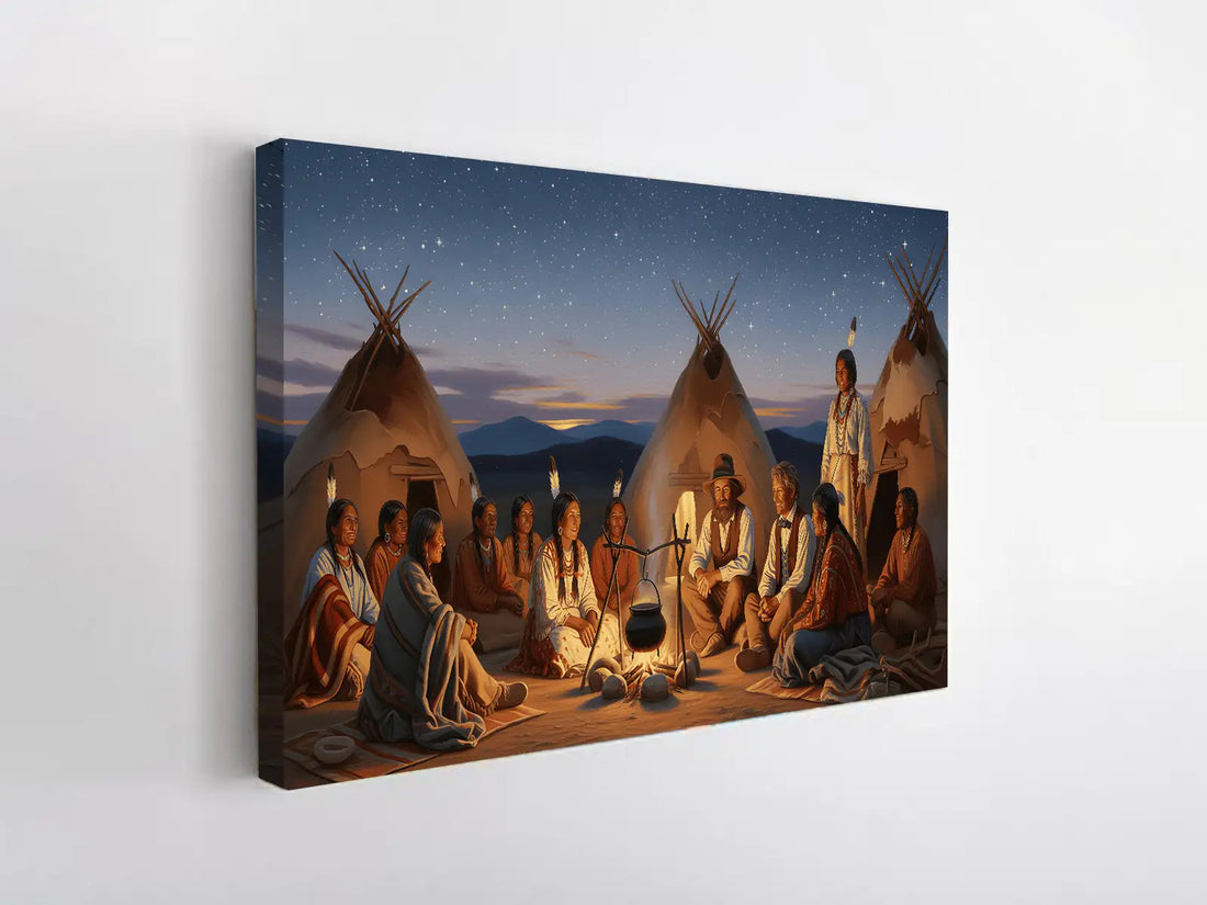 Night Campfire Gathering Scene Native American Canvas Wall Art