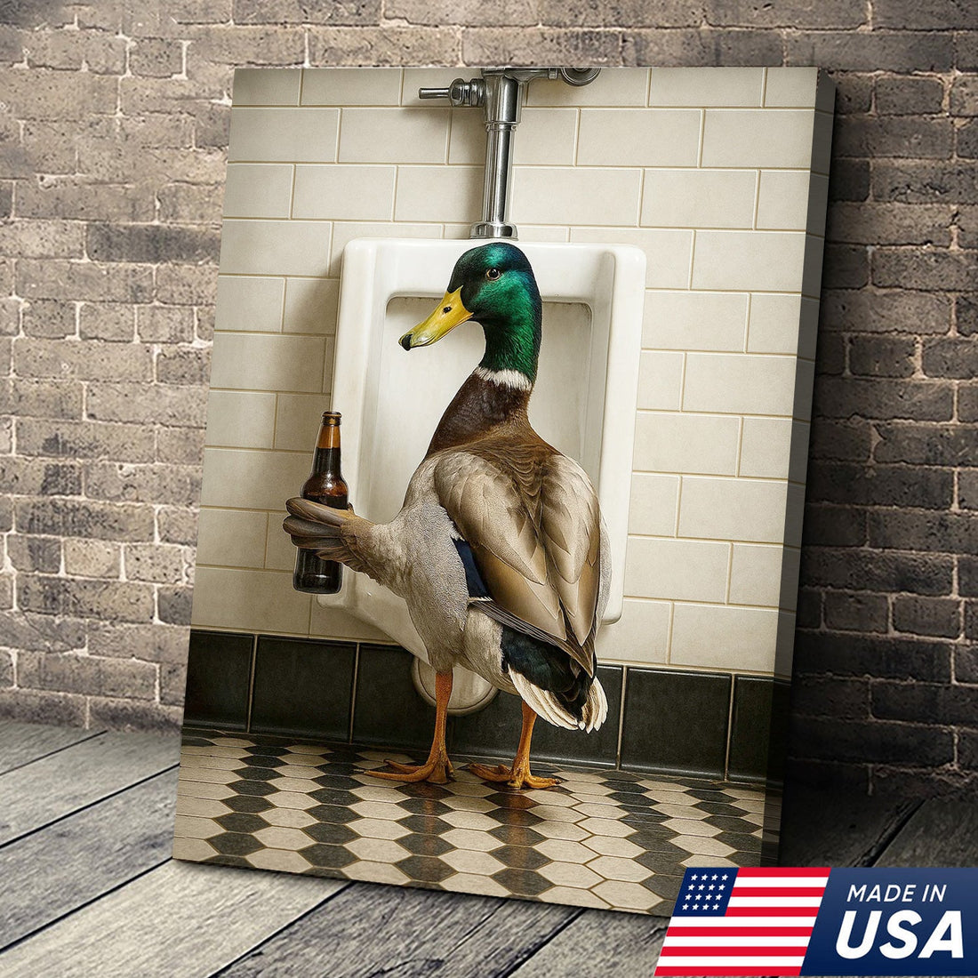 Funny Mallard Duck Holding Beer Bathroom Canvas – Duck at Urinal Wall Art, Rustic Cabin & Man Cave Decor