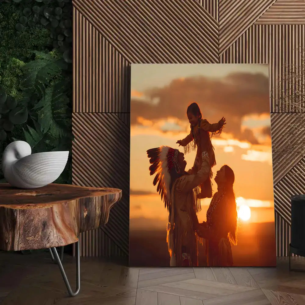 Tribal Sunset Home Decor, Native American Family Canvas Wall Art