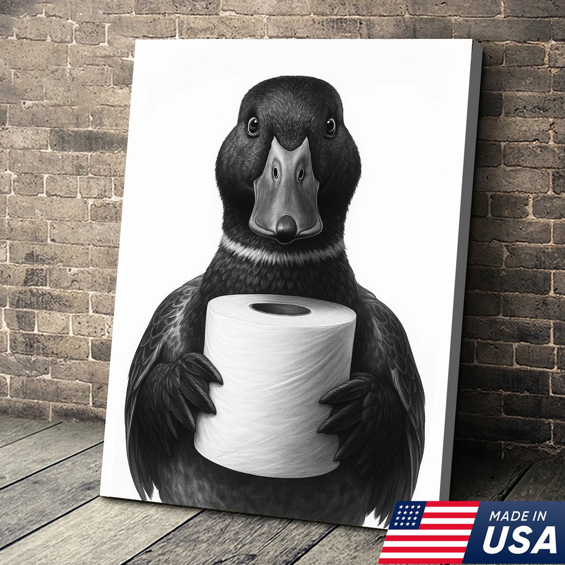 Mallard Duck Canvas Wall Art, Funny Animal Portrait Holding Toilet Paper, Black and White Bathroom Decor Print