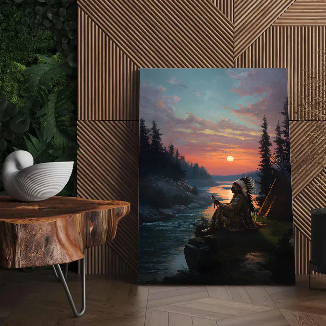 Native America Chief With Sunset On River Canvas Wall Art