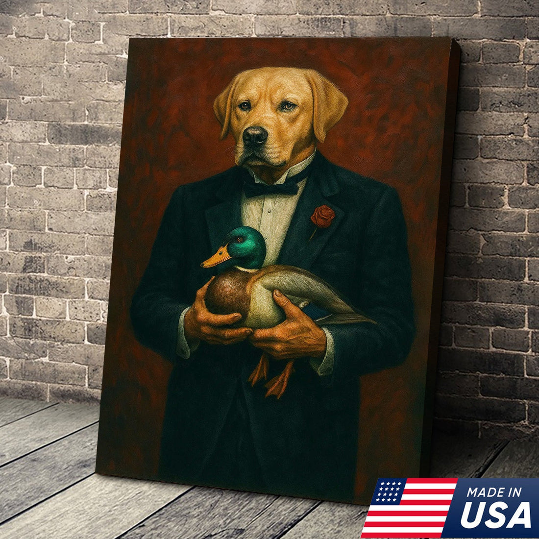 Yellow Labrador Retriever Canvas Wall Art – Distinguished Dog in Tuxedo Holding Mallard Duck – Elegant Hunting Dog Portrait Decor