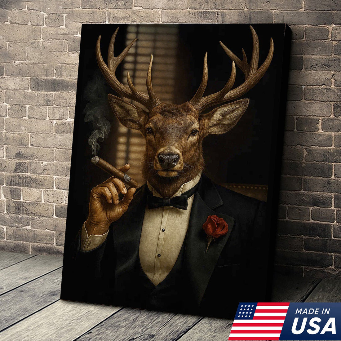 Deer in Tuxedo Canvas Wall Art – Elegant Deer Portrait, Vintage Noir Animal Print, Rustic Cabin & Office Decor