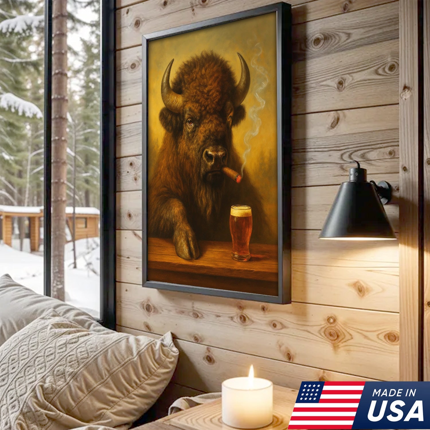 Funny Bison Smoking & Drinking Canvas Wall Art - Rustic Bar