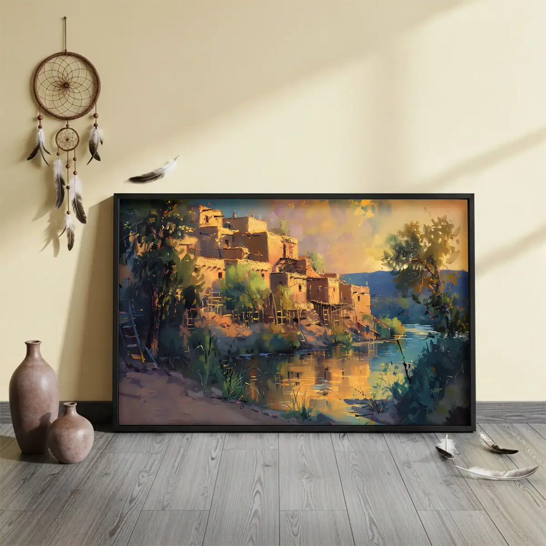 Pueblo Village by the River, Indigenous Canvas Wall Art