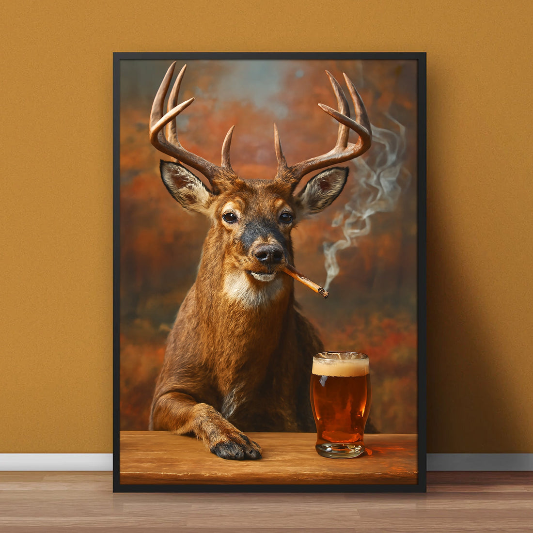 Smoking Deer with Cocktail Glasses Canvas – Funny Hunting Wall Art for Man Caves
