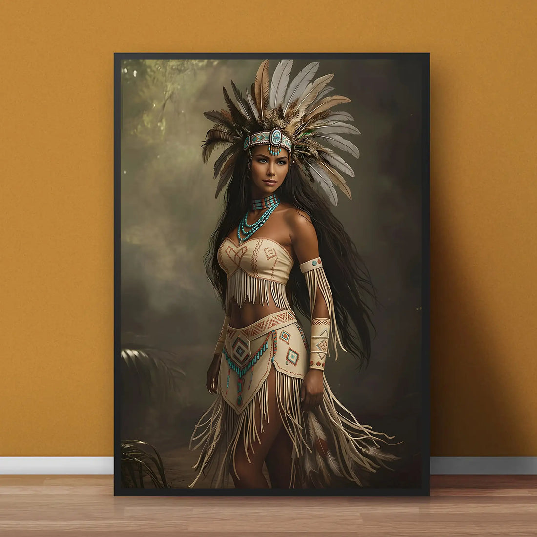 Woman in Feather Headdress, Tribal Beaded Outfit Canvas Decor