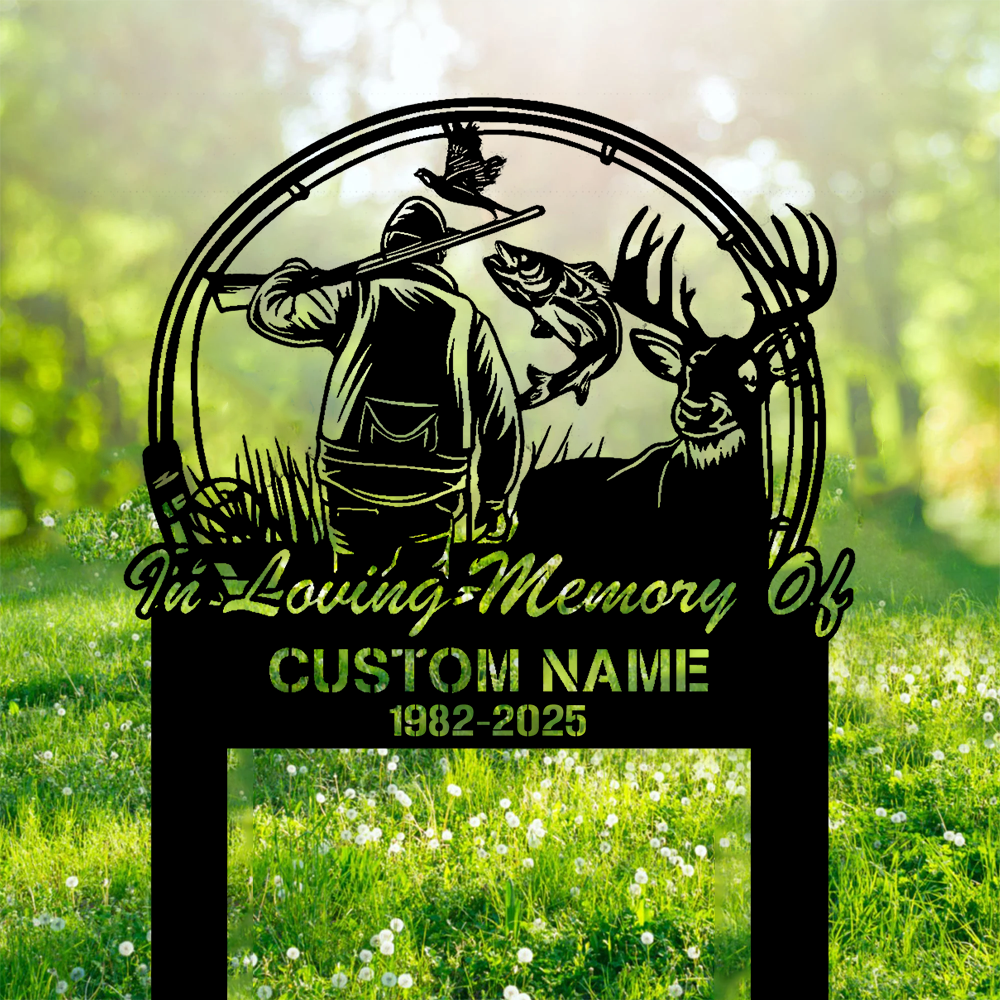 Personalized Hunter Memorial Metal Sign – In Loving Memory Grave Marker with Deer, Fish & Duck Scene for Outdoor, Yard & Garden Decor