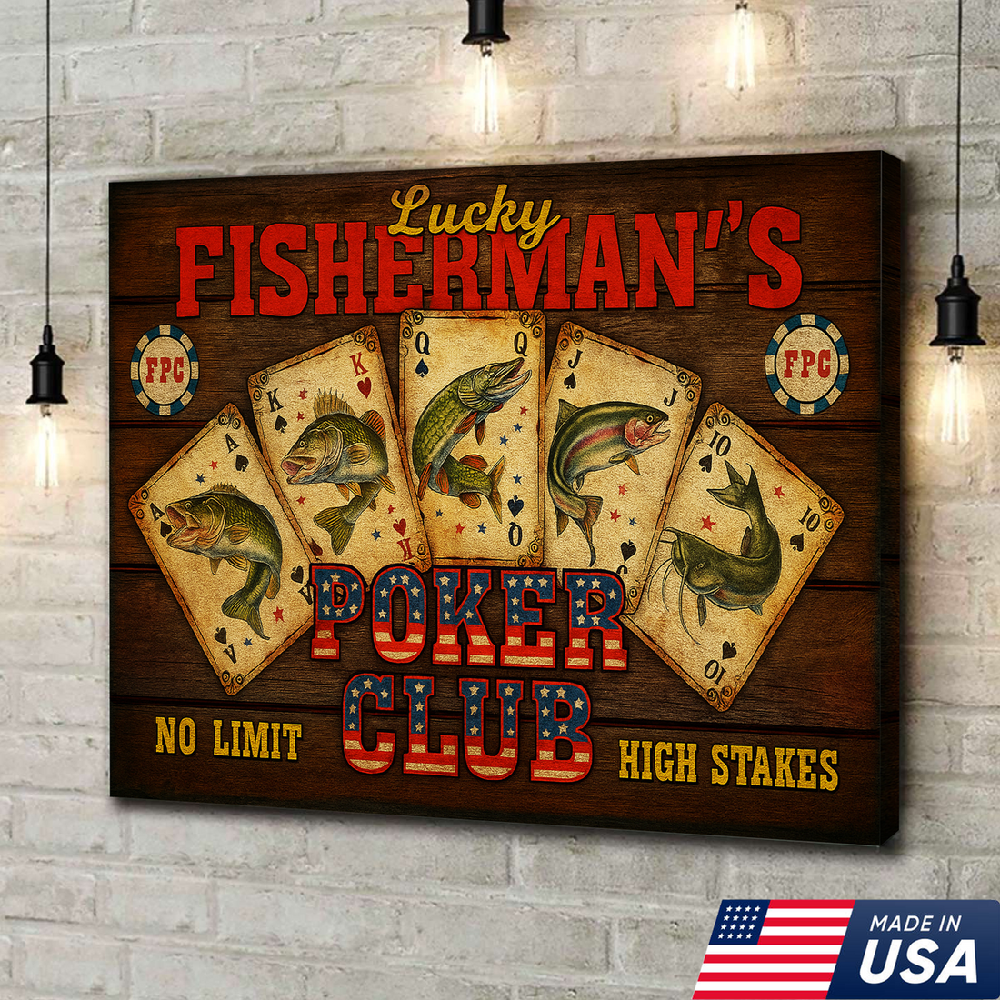 Lucky Fisherman’s Poker Club Wall Art – Vintage Fishing Playing Cards Canvas for Man Cave