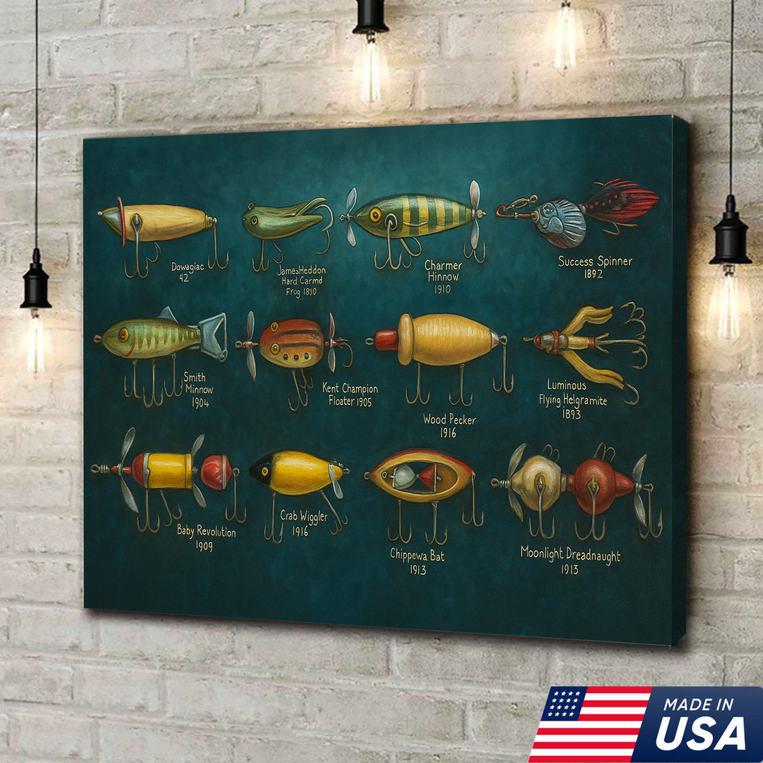 Vintage Fishing Lure Wall Art – Retro Bass Trout Lures Canvas Print for Cabin Lodge Decor