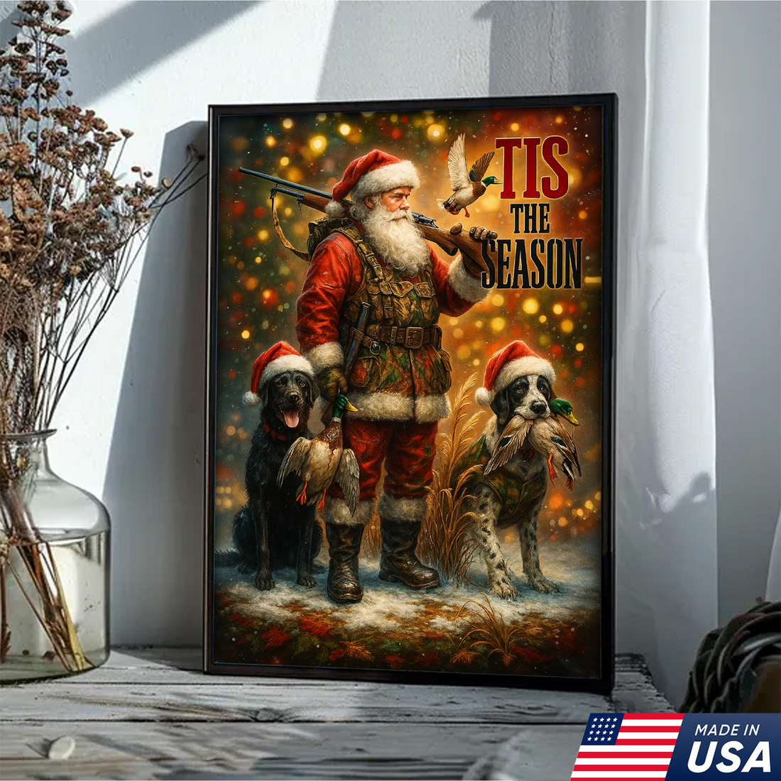 Rustic Christmas Hunting Canvas Art - Santa with Hunting Dogs and Ducks Holiday Wall Decor - Festive Country Cabin Artwork