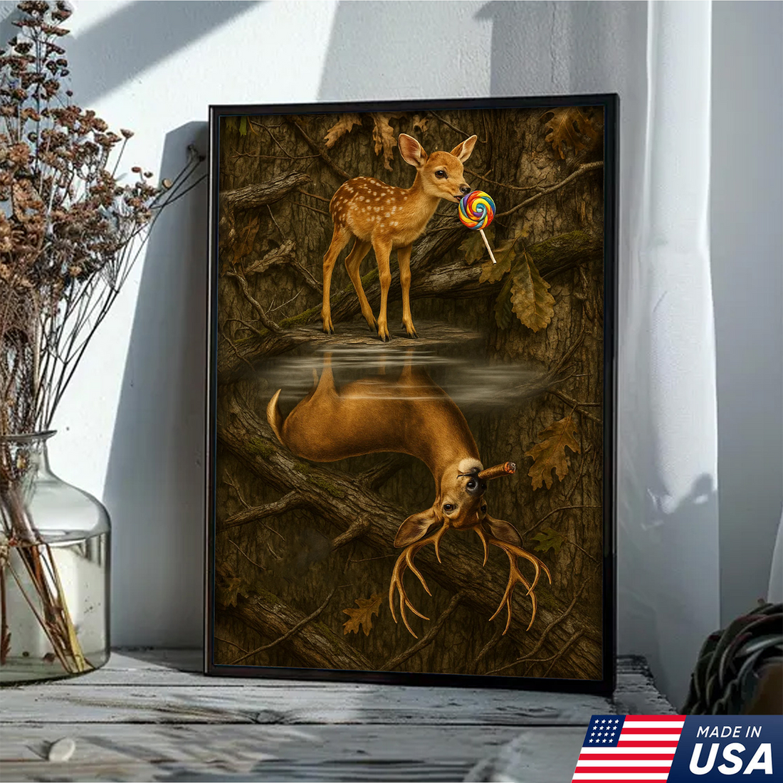 Whimsical Deer Reflection Canvas Art - Cute Fawn with Lollipop Forest Scene - Rustic Nature Wall Decor