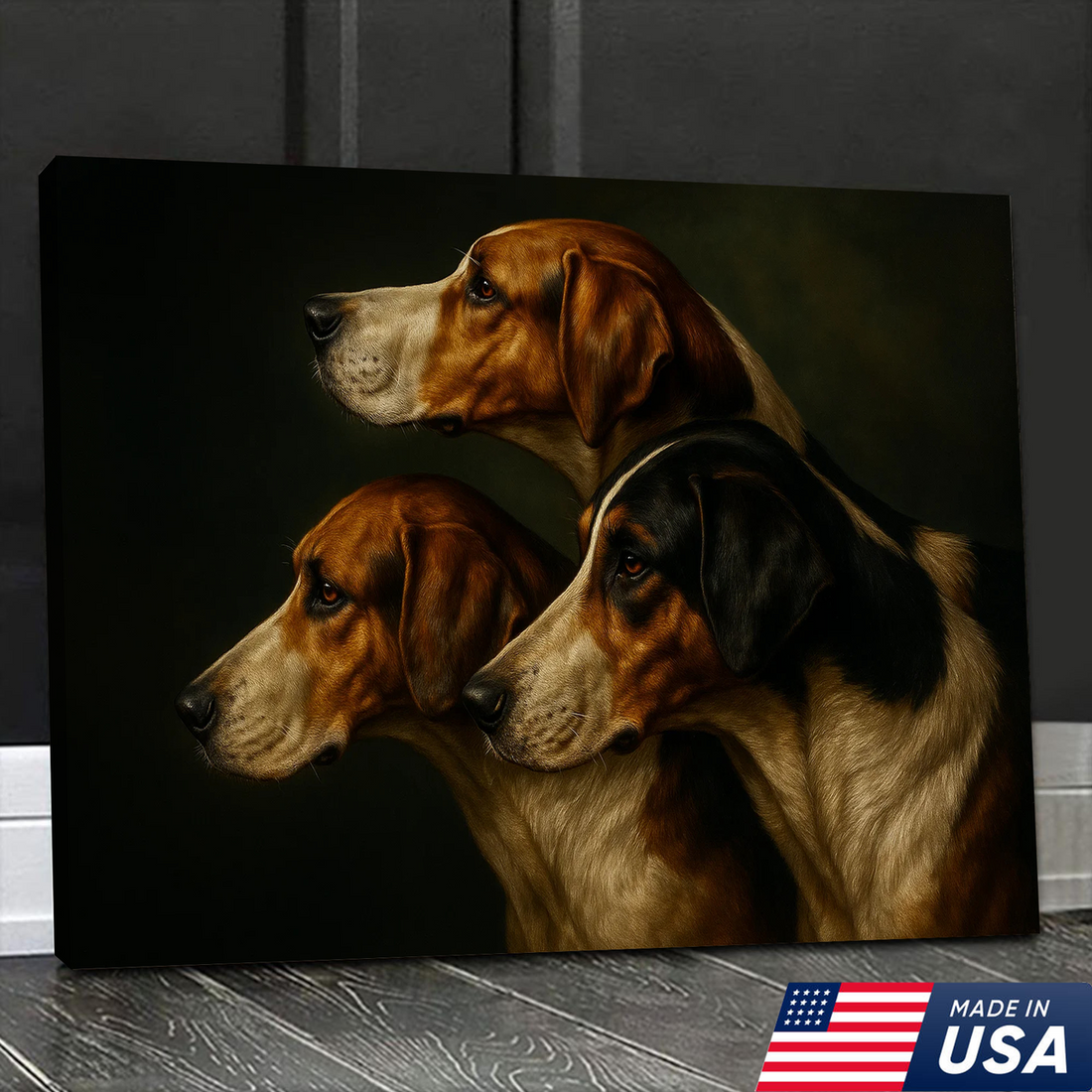 Hunting Dog Canvas Wall Art – Trio of Hounds Portrait, Rustic Lodge Decor, Wildlife Hunting Artwork