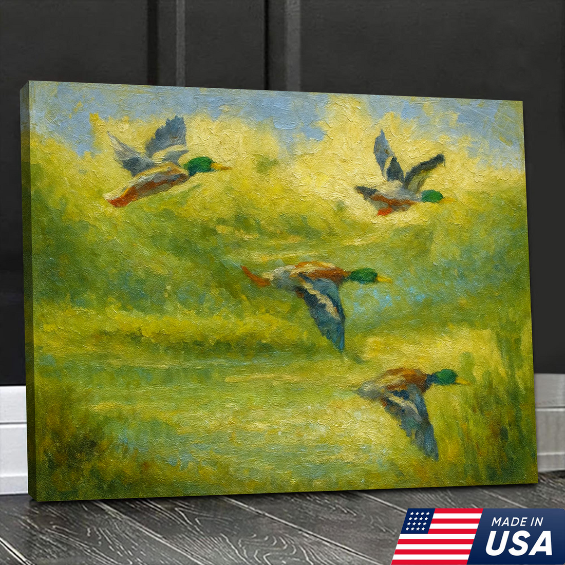 Mallard Duck Hunting Canvas Wall Art – Rustic Wildlife Decor, Flying Ducks Painting, Nature Lodge Artwork