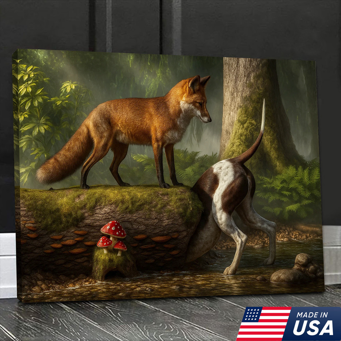 Fox and Hunting Dog Funny Canvas Wall Art – Rustic Wildlife Decor, Woodland Animal Painting, Nature Lodge Artwork