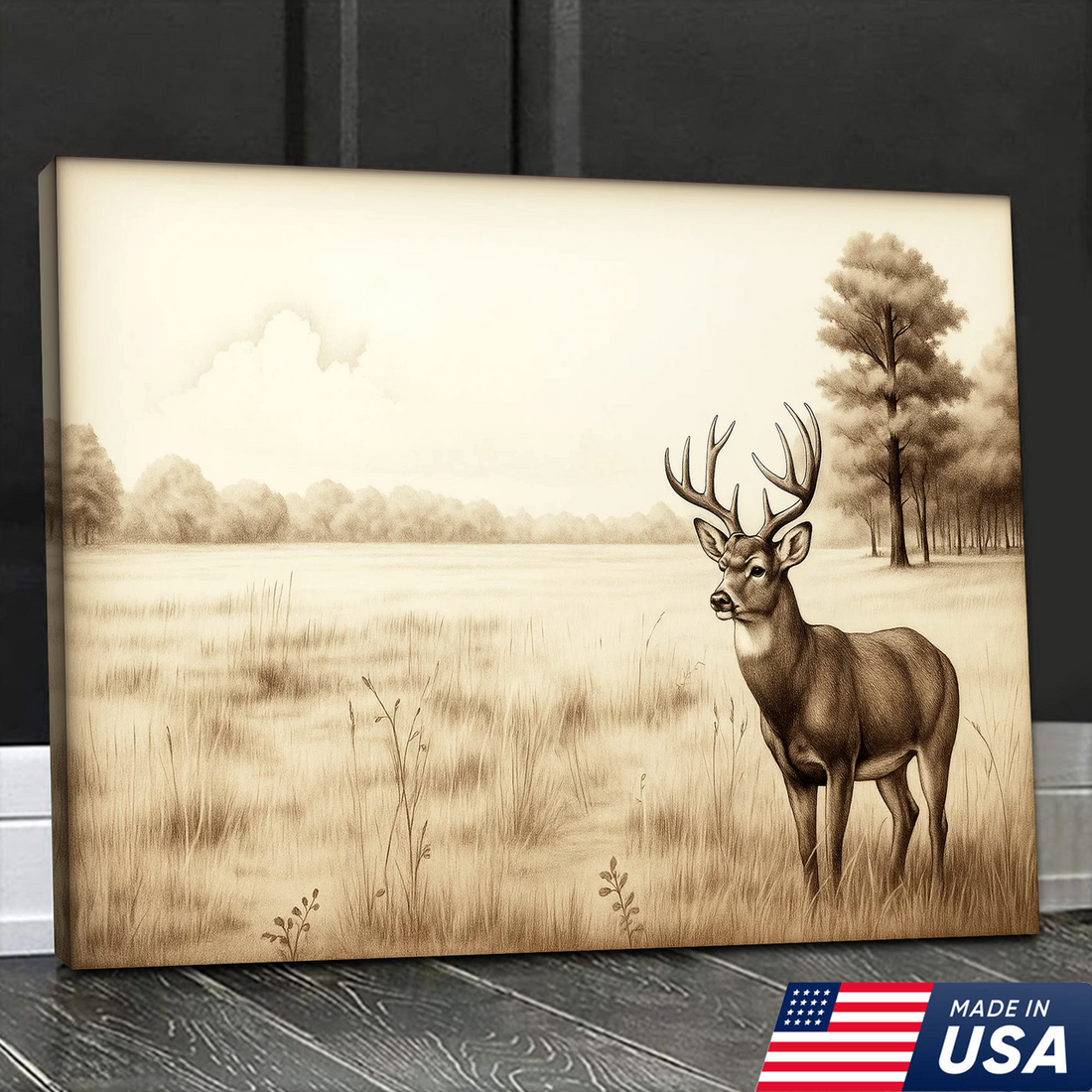 Whitetail Deer Canvas Wall Art – Rustic Hunting Lodge Decor, Sepia Wildlife Artwork, Buck in Meadow Scene