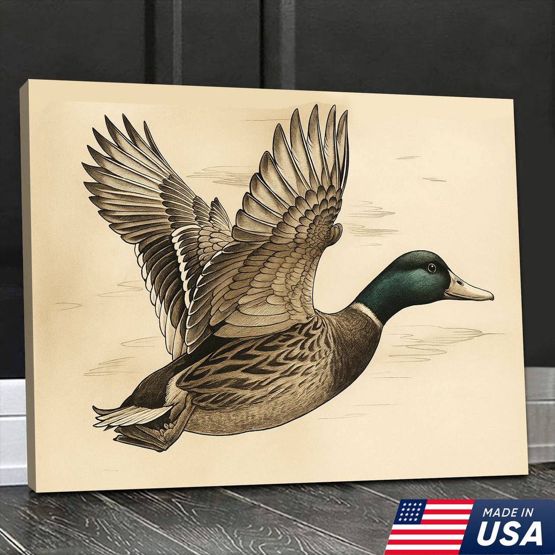 Mallard Duck Canvas Wall Art – Vintage Wildlife Decor, Rustic Hunting Lodge Artwork, Flying Waterfowl Painting