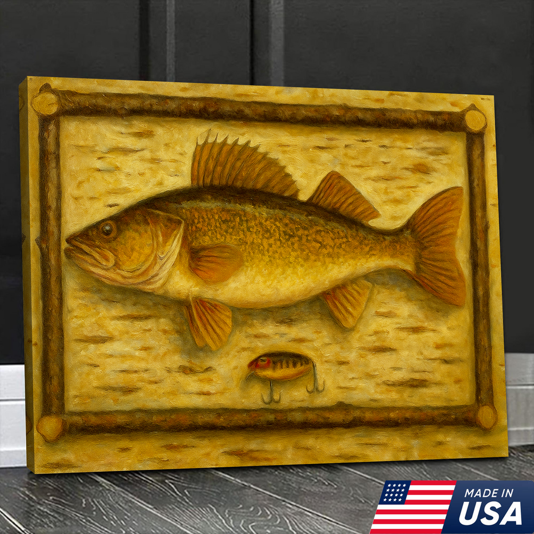 Fishing Wall Art Canvas – Walleye Fish & Vintage Lure Rustic Cabin Lodge Decor Painting