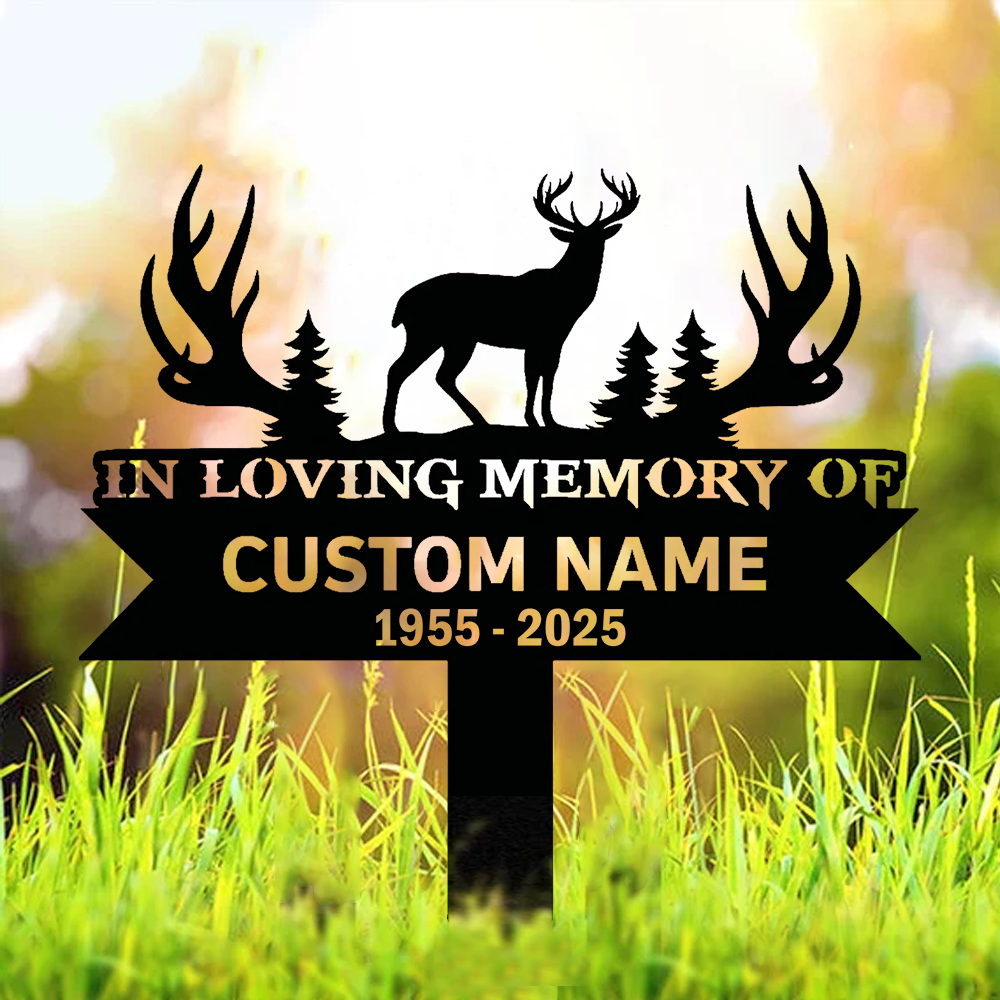 Personalized Deer Memorial Metal Sign – In Loving Memory Grave Marker for Hunter, Yard & Garden Outdoor Decor