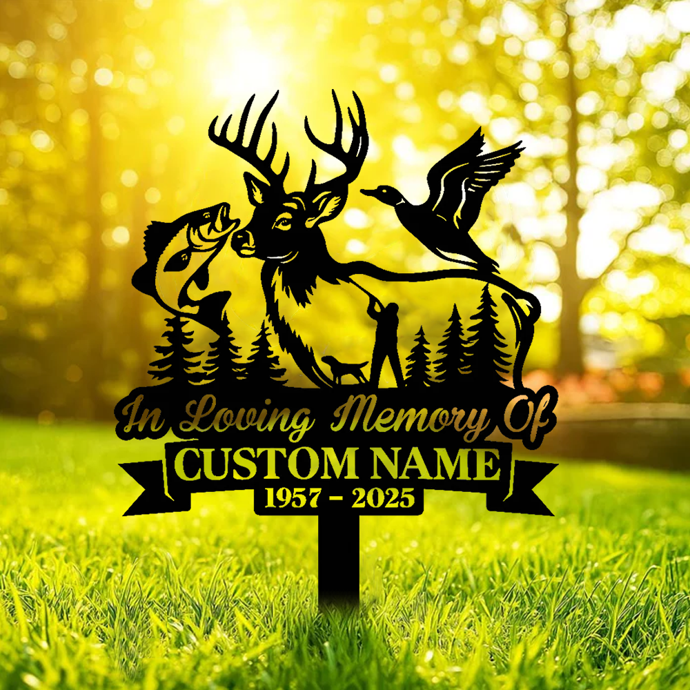 Personalized Hunter Memorial Metal Sign – In Loving Memory Grave Marker with Deer, Fish & Duck Design for Yard & Garden Decor