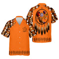 Hawaiian shirt in orange with dreamcatcher, feathers, and Indigenous prints
