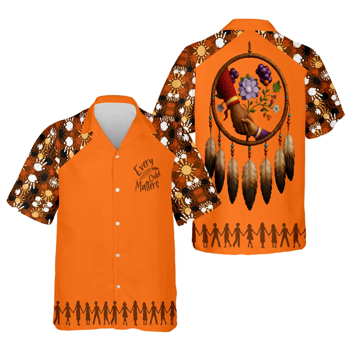Hawaiian shirt in orange with dreamcatcher, feathers, and Indigenous prints