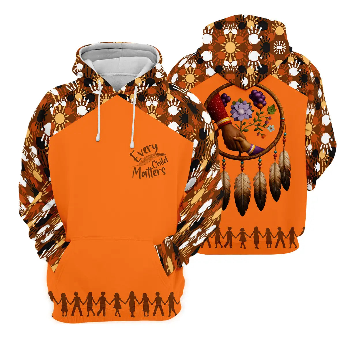 Orange hoodie with dreamcatcher design and children holding hands graphic