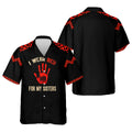 Front and back view of a black button-up Hawaiian shirt showcasing a red handprint graphic and the text 