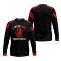 Front and back view of a black Long Sleeeve T-shirt featuring a central red handprint graphic and the phrase 