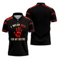 Front and back view of a black polo shirt featuring a prominent red handprint graphic and the text 