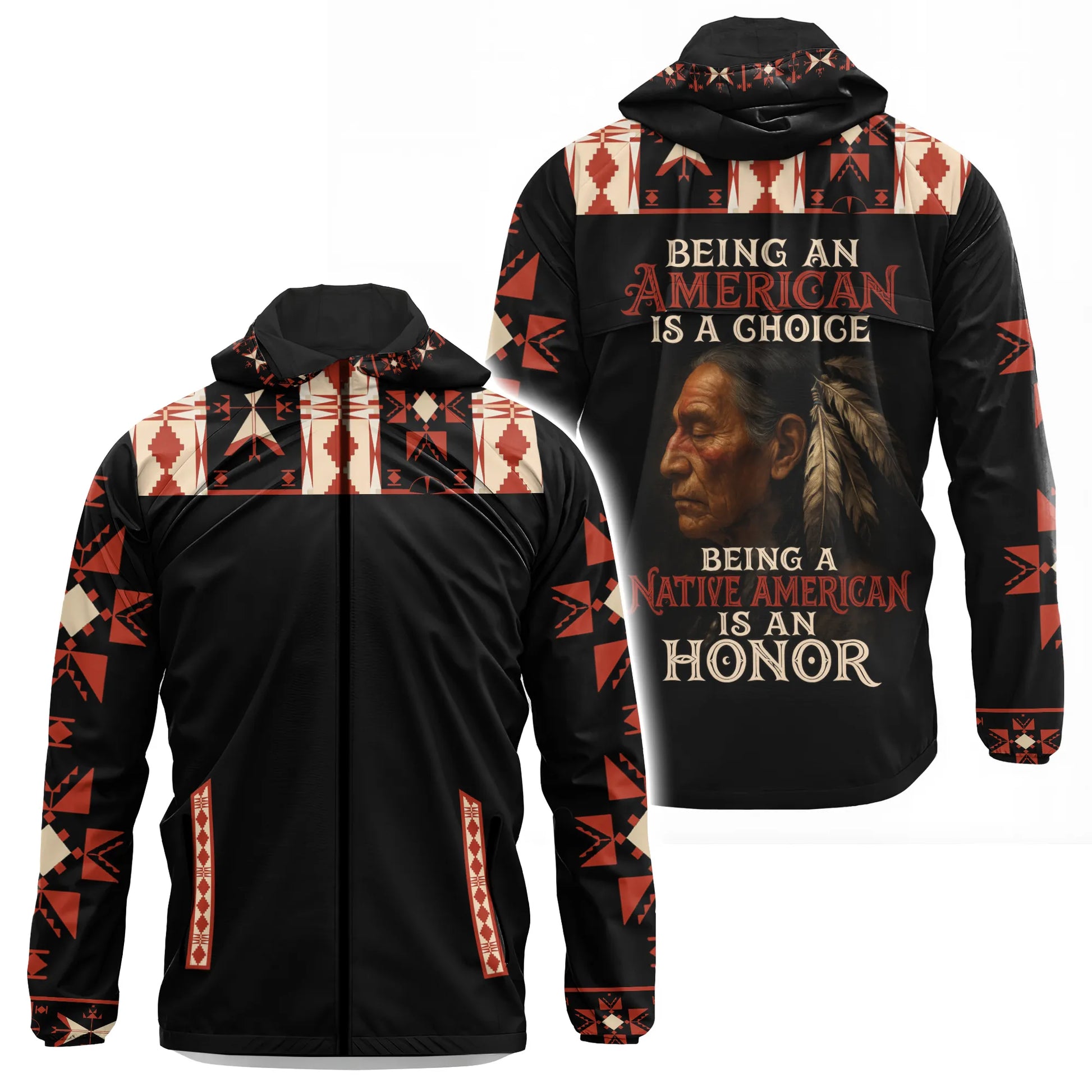 Black windbreaker with a Native American elder's portrait, "STILL HERE STILL STRONG NATIVE PRIDE" quote, and red geometric patterns.