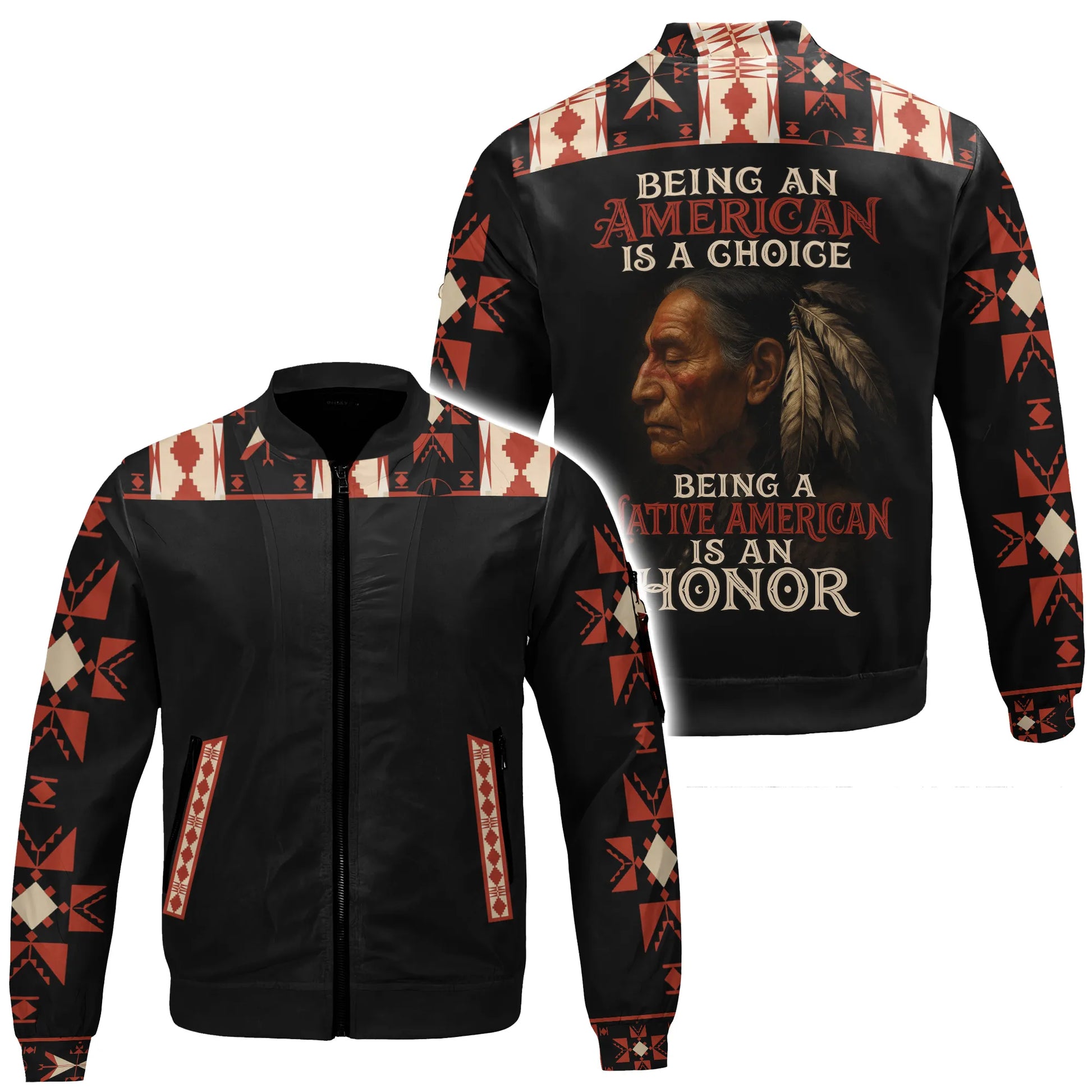 Black bomber jacket with a Native American elder's portrait, "STILL HERE STILL STRONG NATIVE PRIDE" quote, and red geometric patterns.