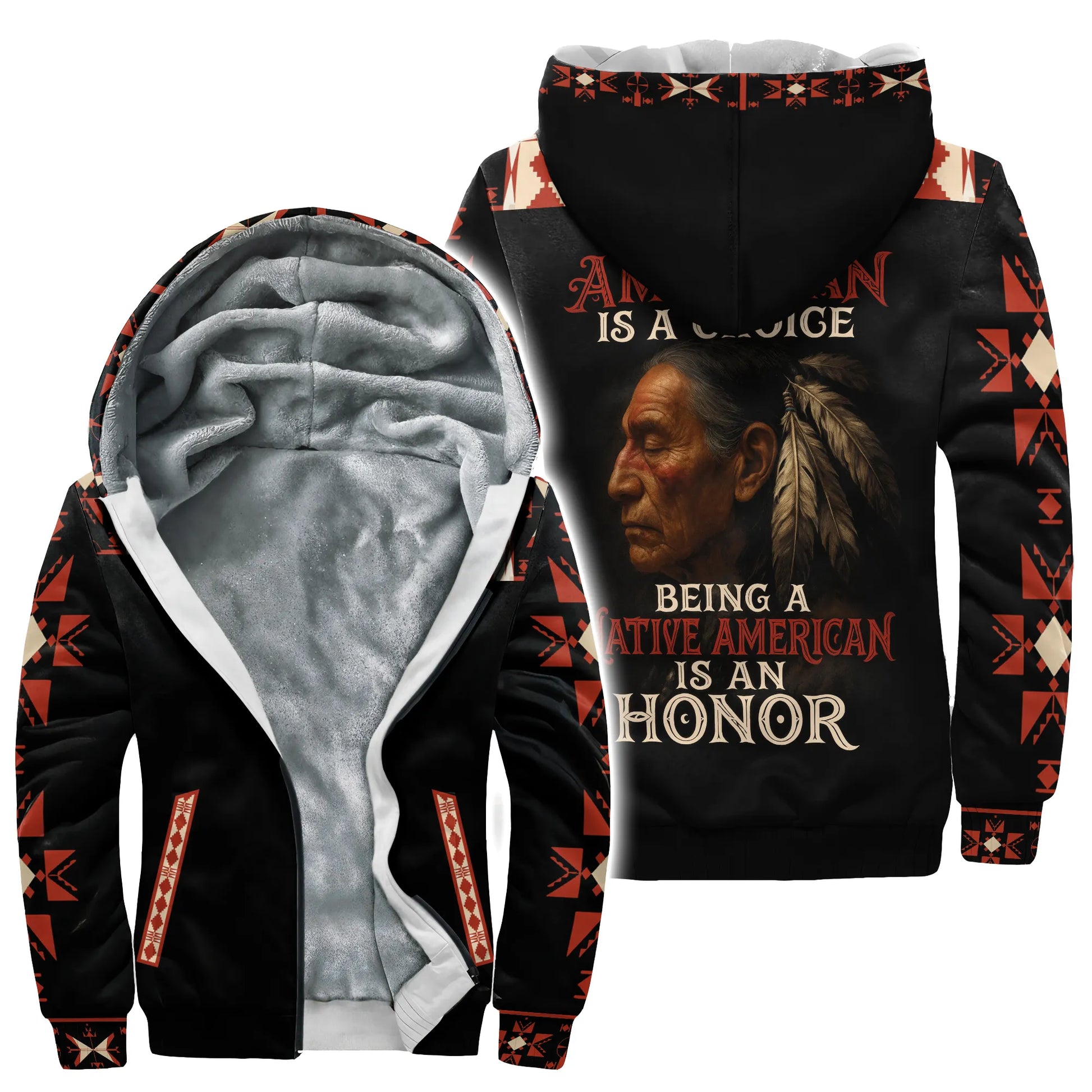 Black Velvet-lined hoodie with a Native American elder's portrait, "STILL HERE STILL STRONG NATIVE PRIDE" quote, and red geometric patterns.