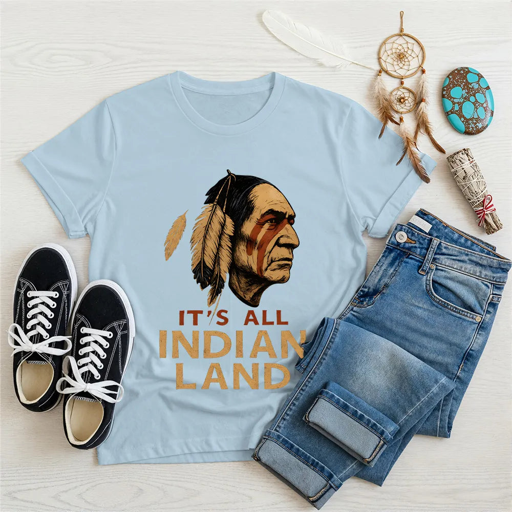 Charcoal t-shirt featuring Native American design with "It’s All Indian Land" slogan.