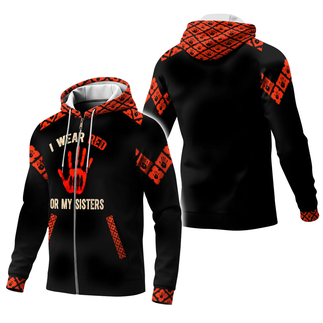 Close-up of a model’s hand and face painted red holding up the sleeve of a black hoodie, showcasing the red handprint graphic and “I Wear Red For My Sisters” text.