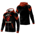 Front and back view of black jacket with red handprint and tribal patterned hood