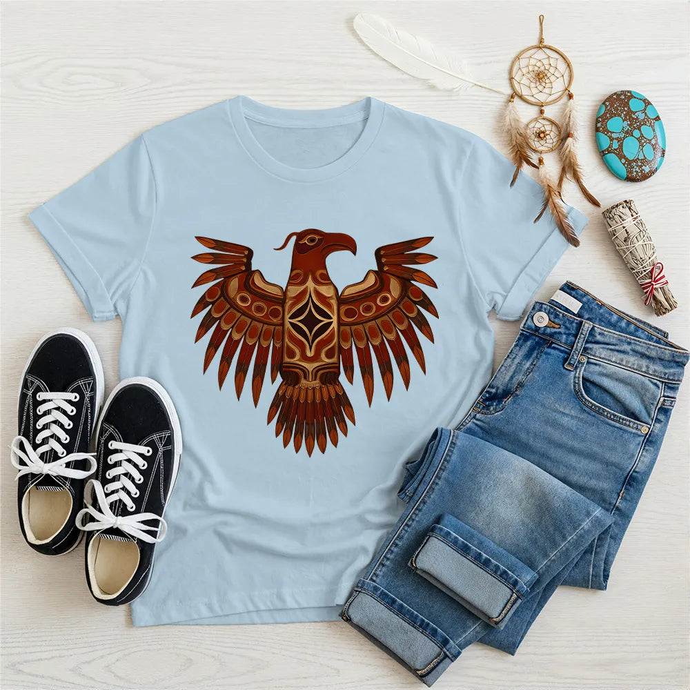 Light blue shirt featuring bold brown tribal eagle motif