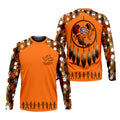 Orange long sleeve Tshirt with dreamcatcher, child silhouettes, and Indigenous handprints design