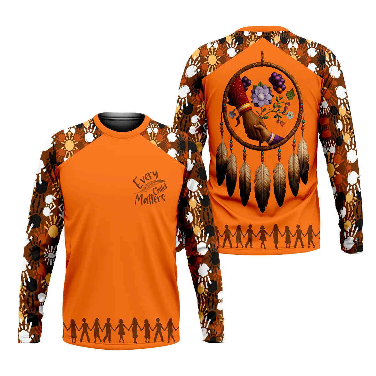 Orange long sleeve Tshirt with dreamcatcher, child silhouettes, and Indigenous handprints design