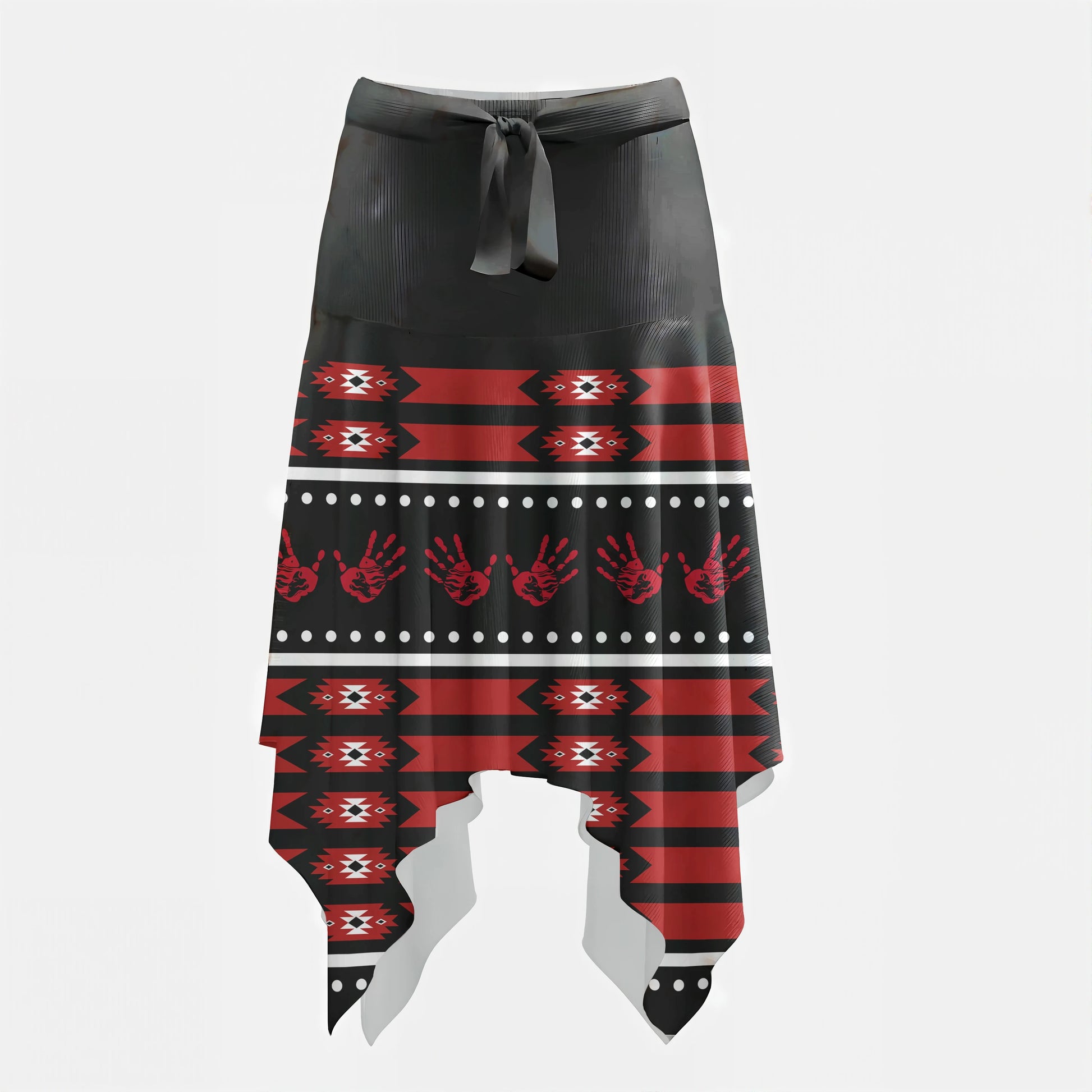 Black, red, and white MMIW handkerchief hem skirt with handprint and tribal patterns.