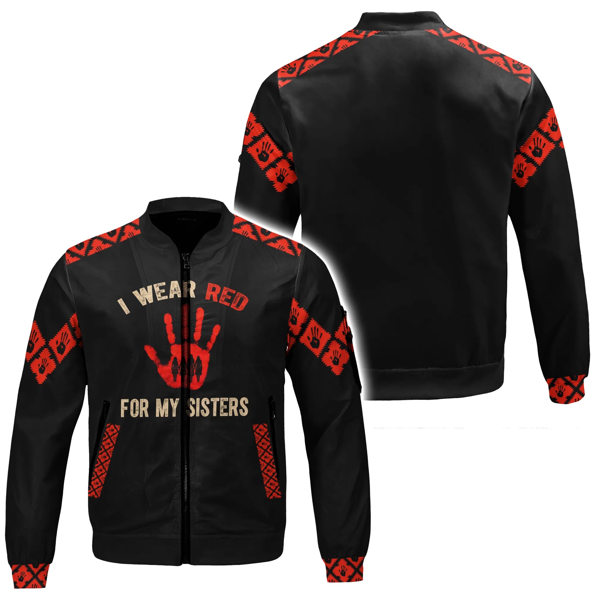 Black bomber jacket with red handprint, "I Wear Red For My Sisters" text, and red tribal patterns.
