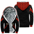 Black fleece hoodie with red handprint, 