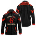 Black hooded jacket with red handprint, 