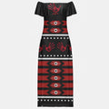 Black off-shoulder maxi dress with red MMIW handprint and red/black tribal patterns.