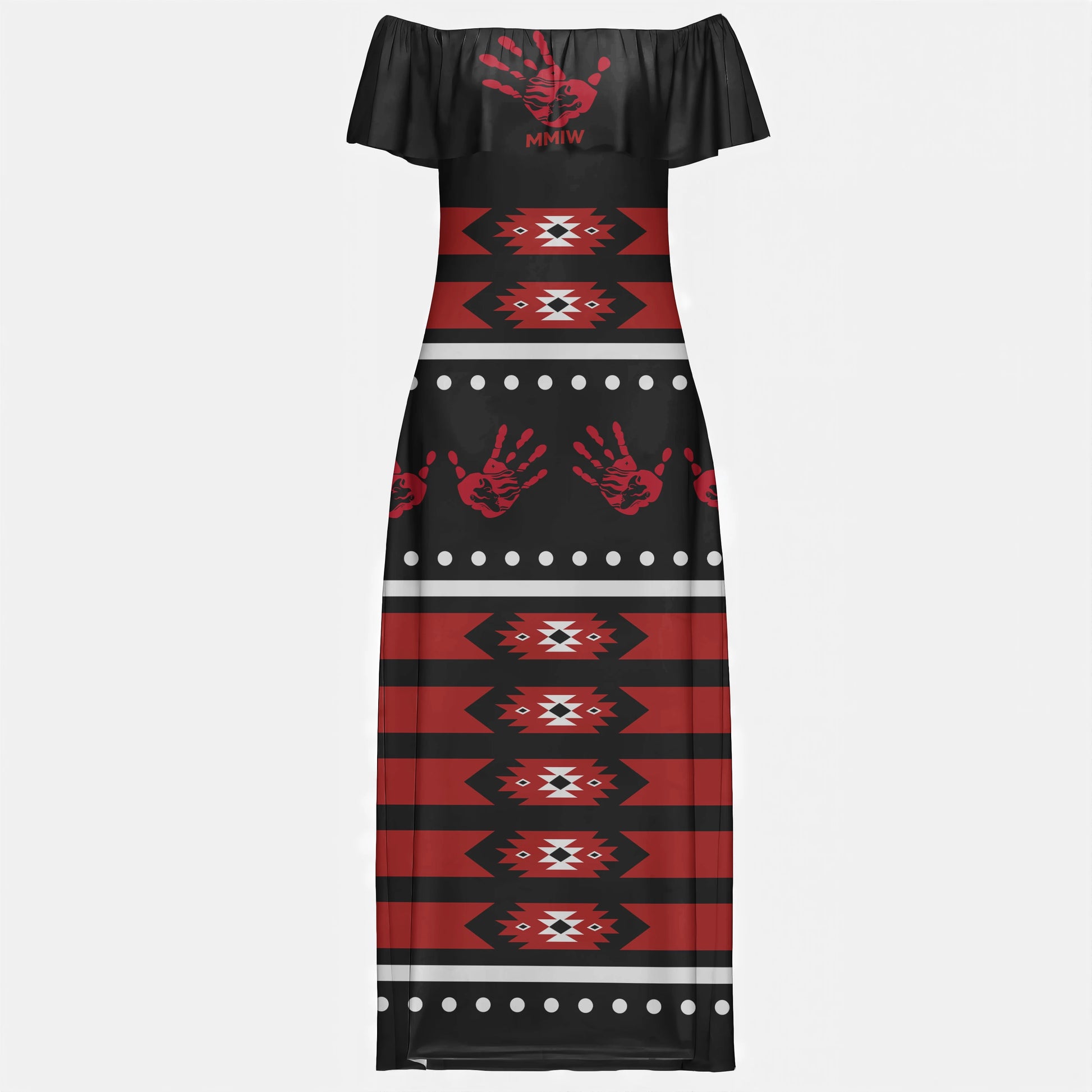 Black off-shoulder maxi dress with red MMIW handprint and red/black tribal patterns.