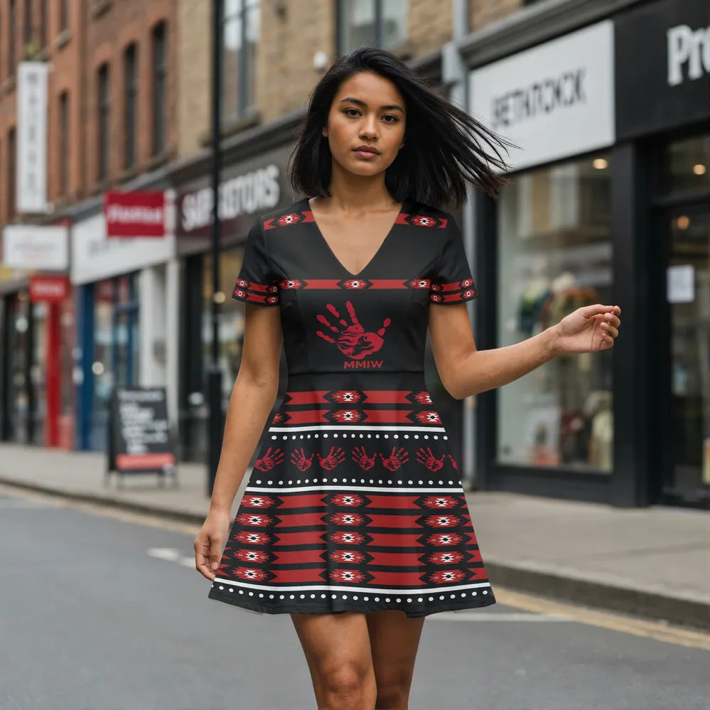 Woman wearing a V-neck dress with crimson handprint and tribal geometric patterns, walking on a city street, front view