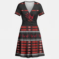 Black V-neck dress with red MMIW handprint, tribal patterns, and 