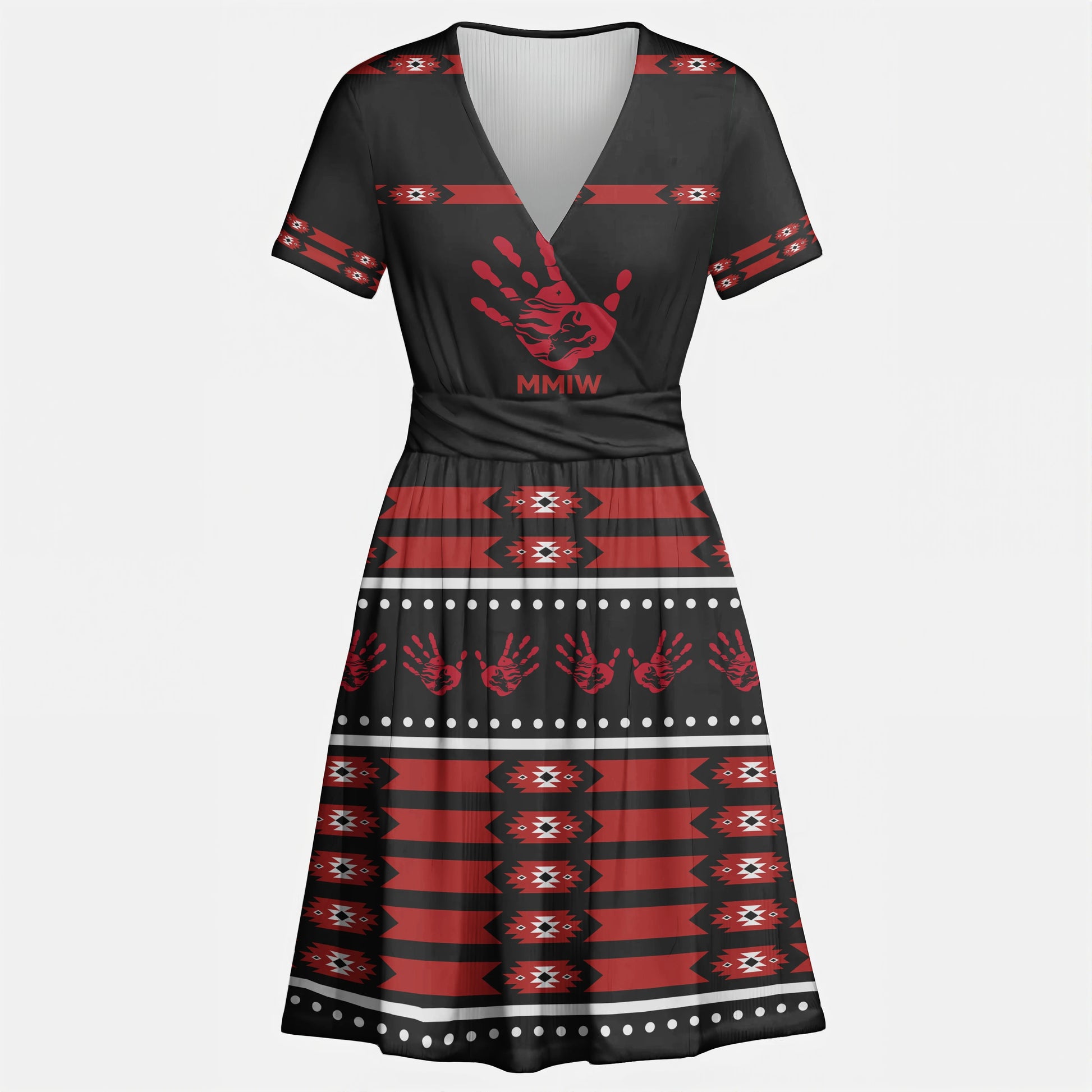 Black V-neck dress with red MMIW handprint, tribal patterns, and "MMIW" text.